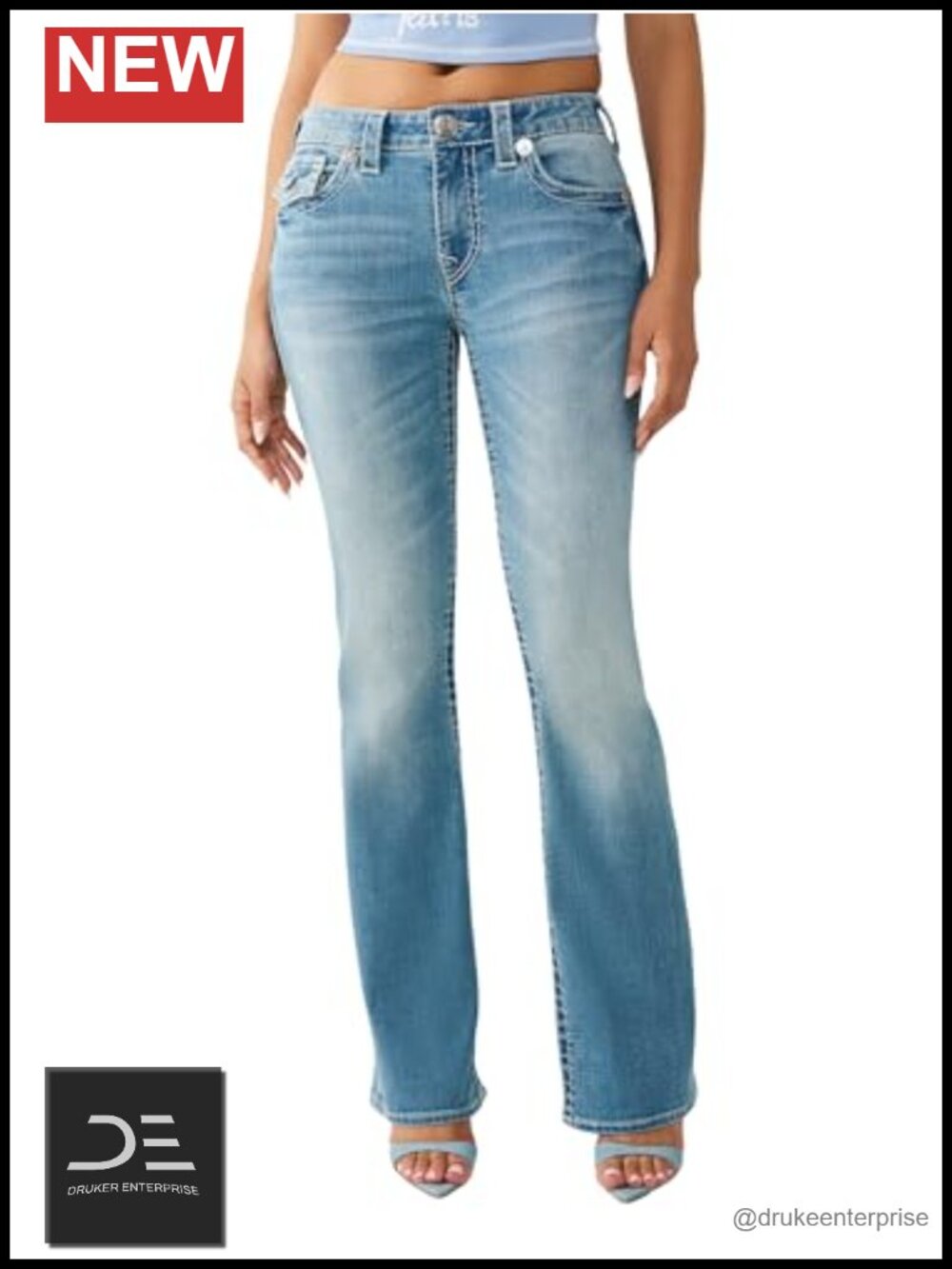 Bootcut Mid Rise Stretch Denim Jeans with Flap Pockets